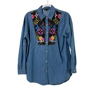 Tricotto Denim Shirt Womens XS Blue Pop Art Rhinestone Graphic Long Sleeve